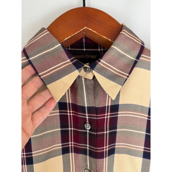 Vintage Classiques Entier 100% Silk Tan Burgundy Tartan Plaid Button Up Shirt XL - Picture 2 of 11